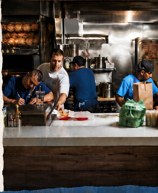 T's staff serving food behind the counter
